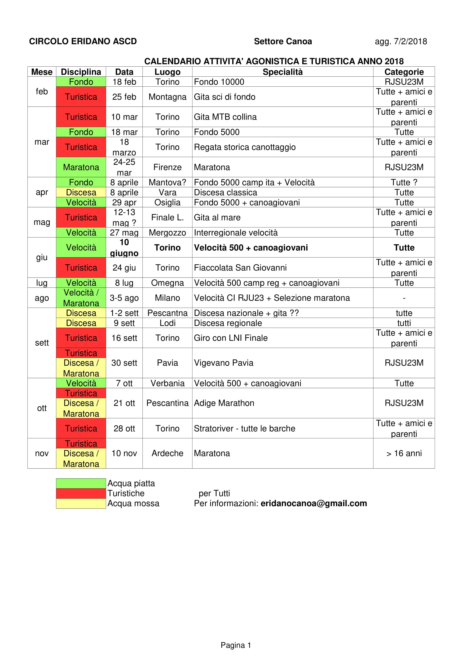 Calendario canoa 2018